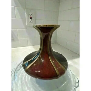 Fabulous Pottery Vase Red Olive Glaze Gold Stripes 6.5"